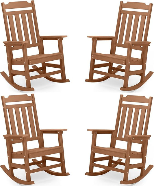 Rocking Chairs Set of 4, All Weather Resistant Poly Lumber Outdoor Porch Rocker, Rocking Chairs for Outdoor, Indoor, Patio, Deck, Garden, Backyard, Load Bearing 380 lbs - Teak