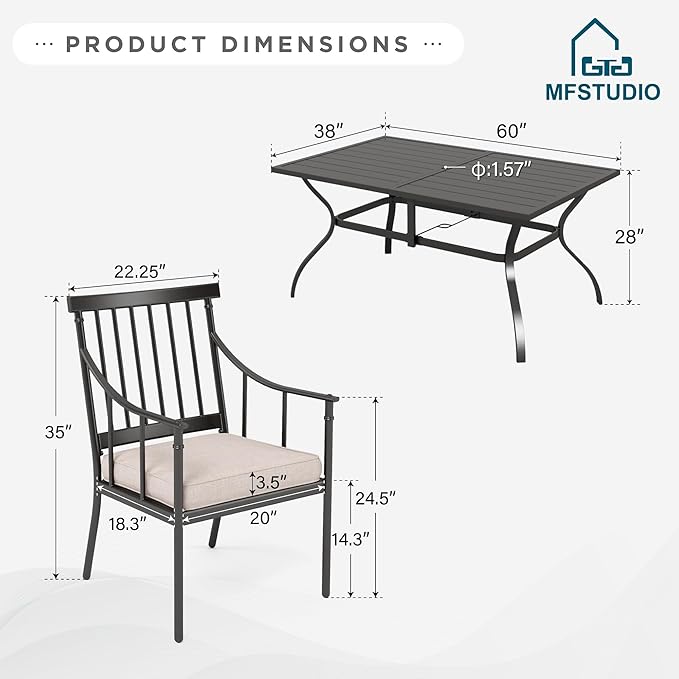 MFSTUDIO Outdoor Dining Set for 6, Patio Table and Chairs Set for Backyard Deck Garden, 7 Piece Patio Dining Set with Umbrella Hole