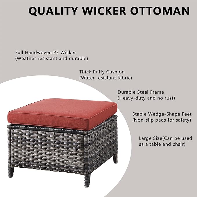 Outdoor Patio Wicker Furniture Set - 6 Piece Rattan Patio Conversation Sectional Sofa Set with 1 Couch,2 Armchairs,2 Ottomans and 1 Glass Top Coffee Table for Porch Deck Garden(Mixed Grey/Red)