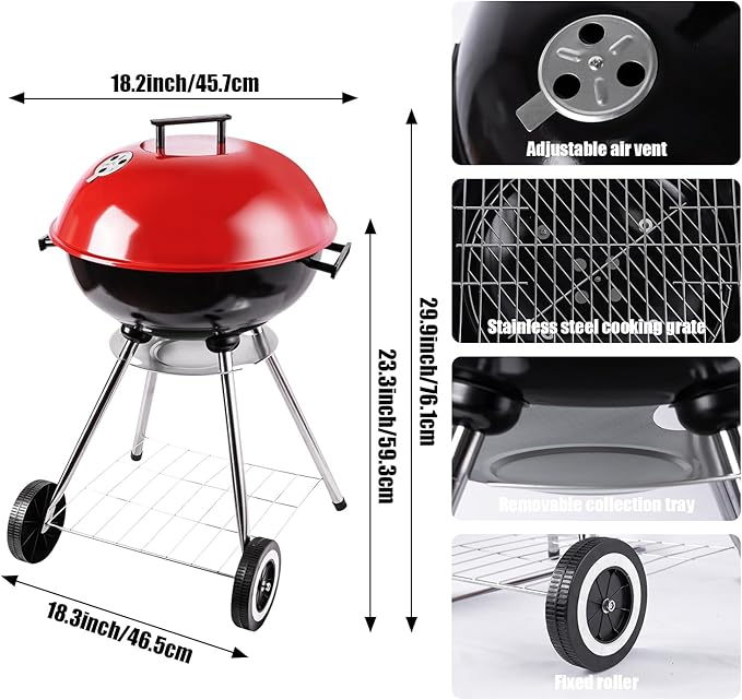 Charcoal grill, portable kettle charcoal grill with insulated cover, suitable for courtyard, camping, and outdoor use. (18 inches red)