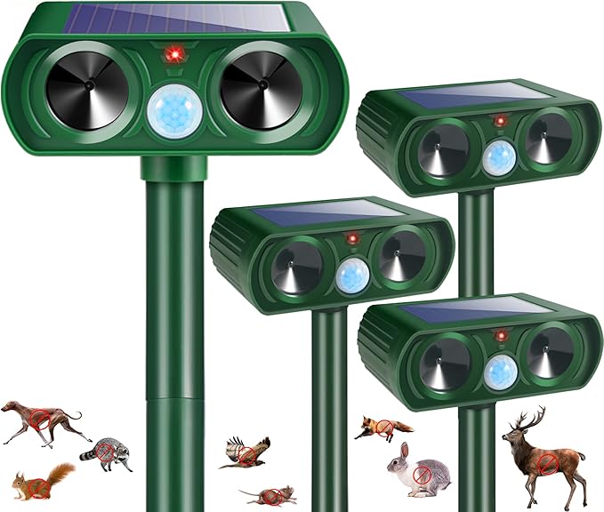 4Pack Solar Ultrasonic Animal Repellent Outdoor Deer Repellent Devices with Motion Detection&Flash Light Raccoon Rabbit Squirrel Dog Cat Deterrent,2025 Keep Rodent Chipmunk Away for Lawn Yard Garden