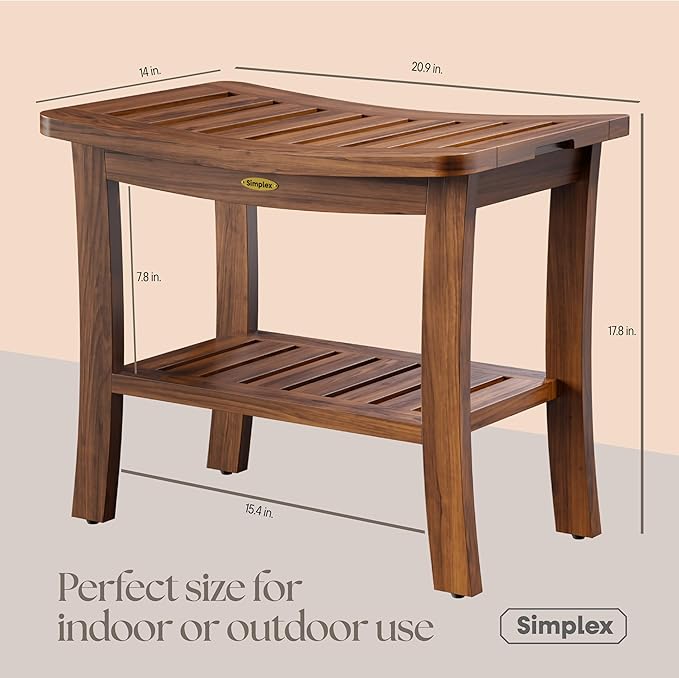 Simplex Teak Shower Bench, Fully Assembled Shower Stool, Water-Resistant Spa Seat, 20.8 Inch Non Slip Shower Bench, Indoor & Outdoor Use