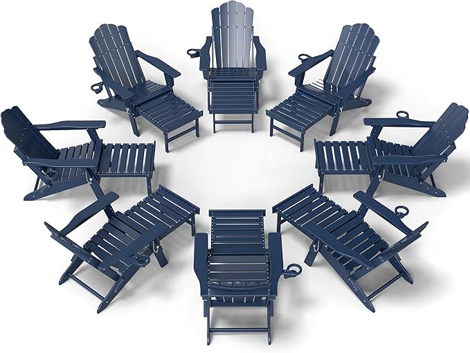 FOOWIN Adjustable Adirondack Chair with Retractable Ottoman Set of 8, Folding Adirondack Chair with Cup Holder, HDPE All-Weather Fire Pit Chair for Patio, Yard, Poolside, Navy Blue