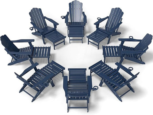 FOOWIN Adjustable Adirondack Chair with Retractable Ottoman Set of 8, Folding Adirondack Chair with Cup Holder, HDPE All-Weather Fire Pit Chair for Patio, Yard, Poolside, Navy Blue