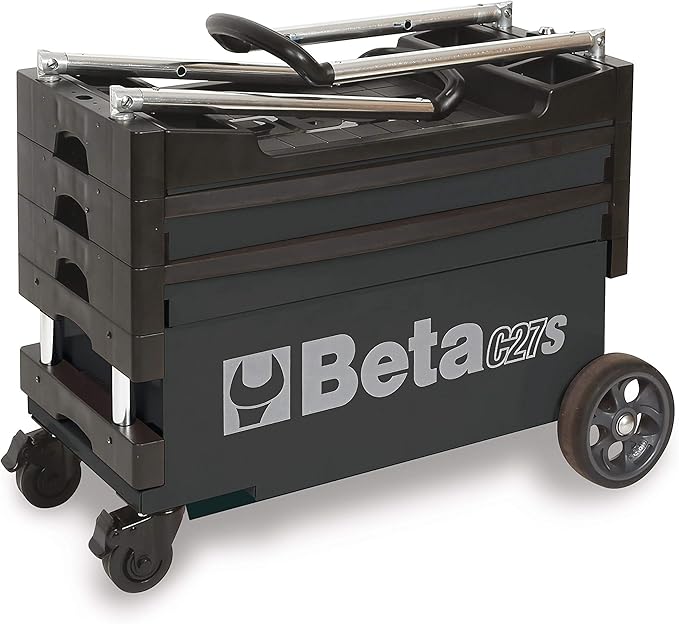 Beta C27S Collapsible Rolling Tool Cart | Heavy-Duty Mobile Metal Tool Trolley with Locking Drawers, 4” Steering Wheels, Brake System | Thermoplastic Worktop | Gray