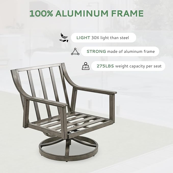 3-Piece Patio Conversation Bistro Sets, Outdoor Aluminum Bistro Sets with Thick Cushion, Modern Side Table and Swivel Chairs Set of 2, Rustproof and Waterproof for Porch Deck Garden, Grey