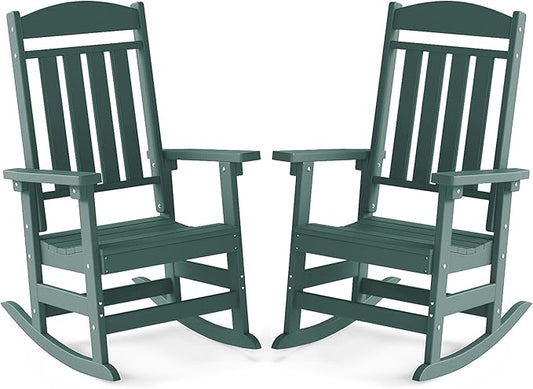 FOOWIN Outdoor Rocking Chair Set of 2, High Back Patio Rocking Chair, HDPE All Weather Resistant Porch Rocker for Adult, Oversized Rocking Chairs for Garden, Lawn, Indoor & Outdoor Use, Dark Green