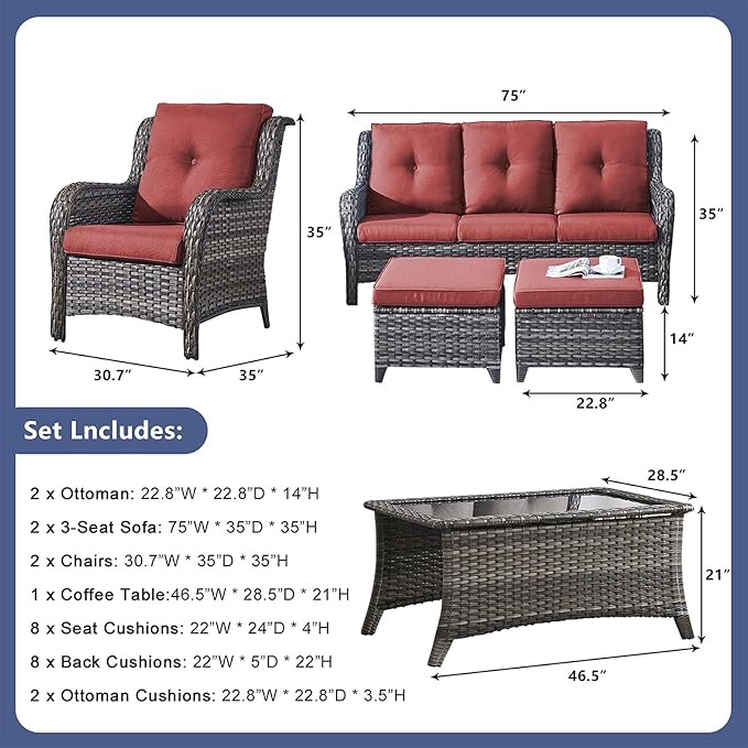 Rilyson Wicker Patio Furniture Sofa Set - 7 Piece Rattan Outdoor Patio Sectional Conversation Sets with 2 Sofa,2 Armrest Chairs,1 Coffee Table and 2 Ottomans for Porch Deck Garden(Mixed Grey/Red)