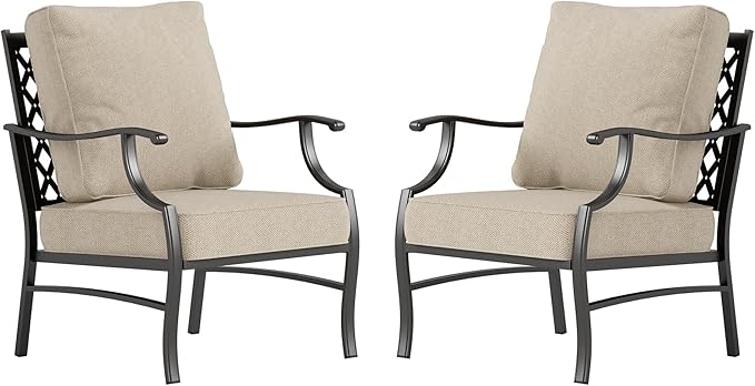 Metal Patio Chairs Set of 2 with 5.75" Extra Thick Cushion, 2 Pieces High Back Outdoor Patio Chairs All Weather Outdoor Furniture Seating for Deck Backyard Balcony Front Porch, Beige