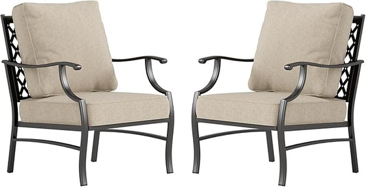 Metal Patio Chairs Set of 2 with 5.75" Extra Thick Cushion, 2 Pieces High Back Outdoor Patio Chairs All Weather Outdoor Furniture Seating for Deck Backyard Balcony Front Porch, Beige