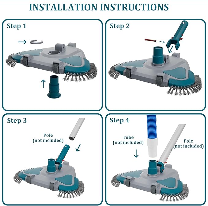 Upgrade Pro Weighted Triangular Pool Rotative Vacuum Head with Brush & EZ Clip Handle - for Cleaning Surface Safe on Vinyl Lined Pools