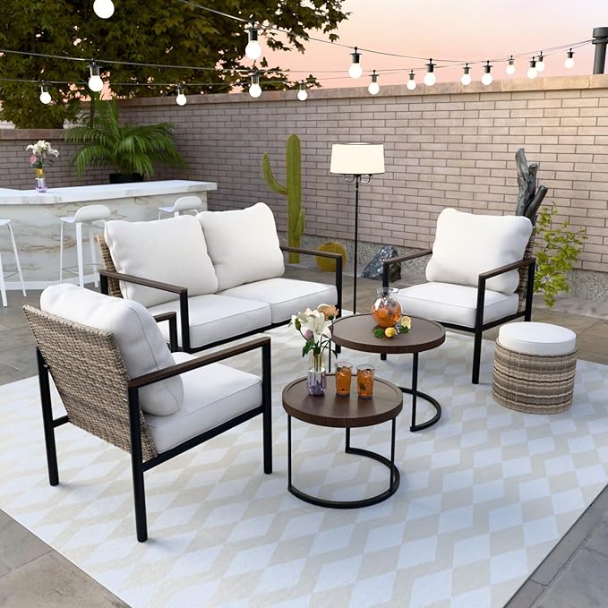 COOS BAY Sand Dune 5 Piece Wicker Patio Furniture Set, Rattan Outdoor Furniture with Nesting Tables, Chairs, Loveseat, Coffee Tables, and Ottoman, Brown/Beige