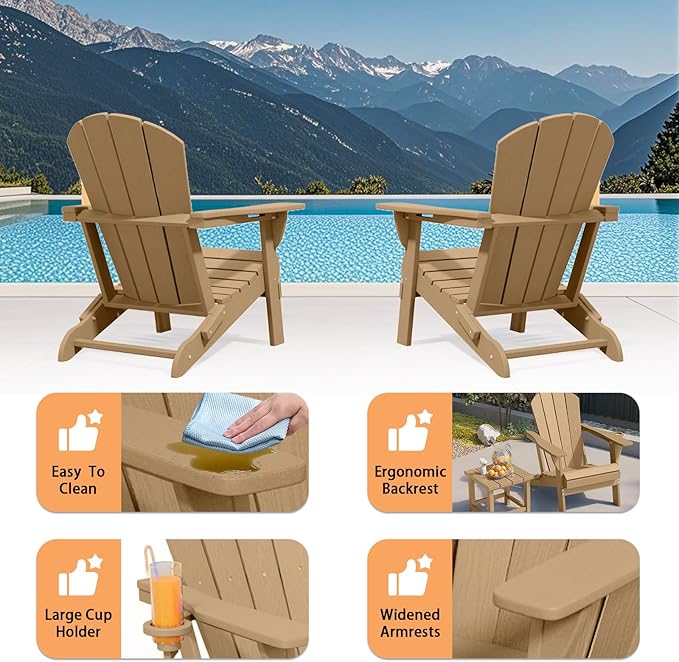 Folding Adirondack Chair, HDPE All-Weather Patio Chairs for Outdoor, Patio, Lawn, Garden, Backyard Deck, Fire Pit - Brown