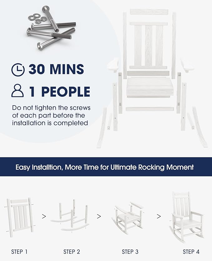 KINGYES Outdoor Rocking Chair Set of 4, All-Weather Patio Rocking Chairs for Porch, HDPE Rocking Outdoor Chairs with High Back for Adult, Heavy Duty Outdoor Patio Rockers for Garden, Lawn, White