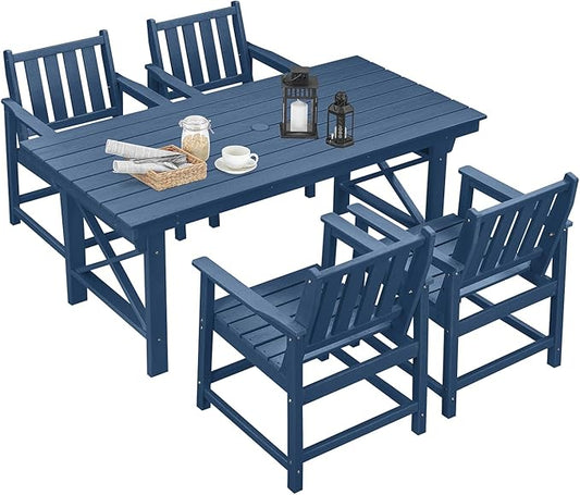 5 Pieces HDPE Patio Dining Set, Outdoor Table and Chairs with Umbrella Hole, Modern Outdoor Dining Set for 4, HDPE Outdoor Patio Furniture Dining Sets for Deck, Poolside, Porch, Navy