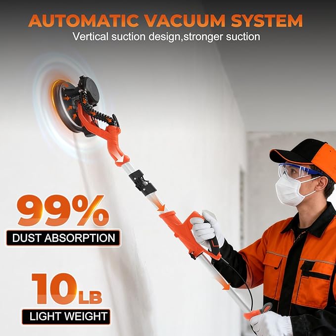 Electric Drywall Sander with Vacuum Dust Collector,1000W 8-Amp Popcorn Ceiling Removal Tool Vacuum, Floor sander with 5 Variable Speed 1000-2100RPM, Extendable Handle,LED Light
