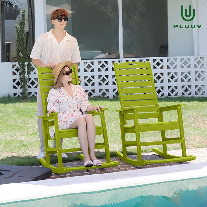 Outdoor Rocking Chair Set of 2 with Removable Footboard for Adults, HDPE High Back Patio Rocking Chairs, 330lbs All Weather Porch Rocking Chairs for Outdoor & Indoor -Pistachio Green