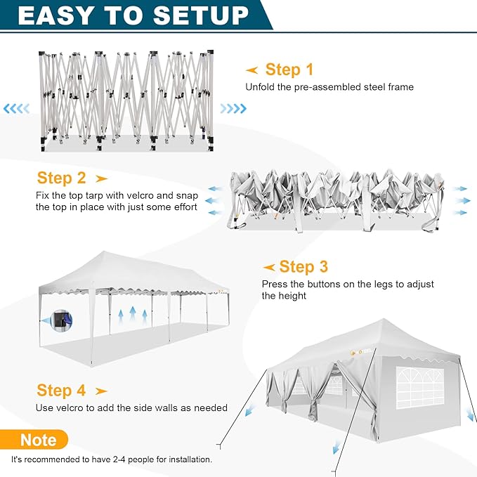 HOTEEL 10x30 Pop Up Canopy Tent with 8 Walls, Extra Tall Party Tent, Waterproof Event Shelter, Easy Setup with Wheeled Bag & Weight Bags for Wedding Backyard Large Events, White