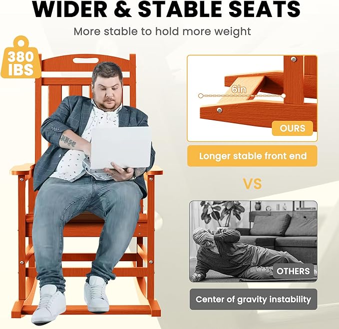 LOUNZY Outdoor Rocking Chair, HDPE Patio Rocking Chair with Footboard for Adults, All Weather Heavy Duty Front Porch Rocker, Orange