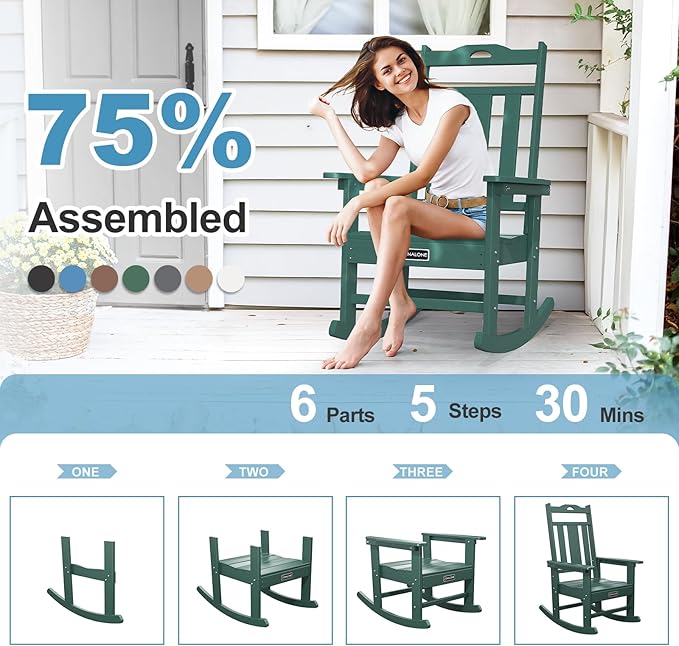 nalone Outdoor Rocking Chair, Oversized Porch Rocker Chair for Adult, All-Weather Resistant Patio Rocking Chair for Garden Lawn(Green)