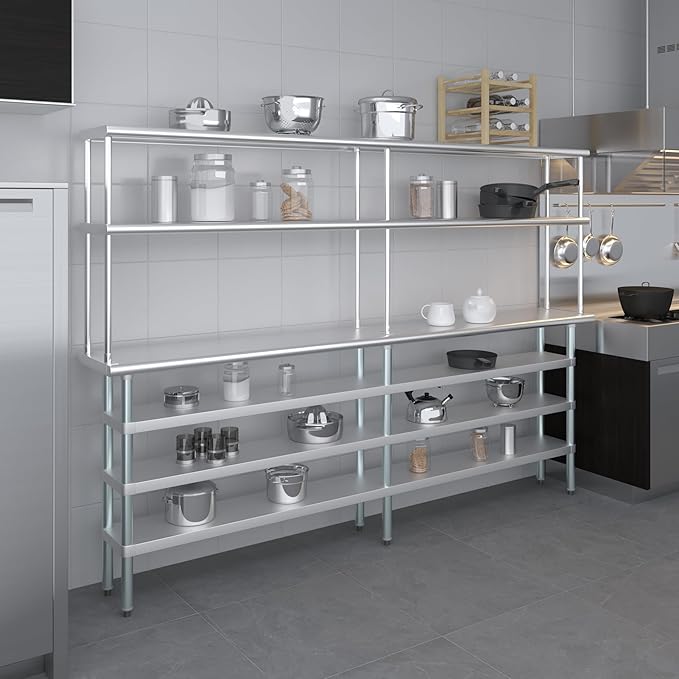 Amgood 14" x 96" Stainless Steel Work Table with 3 Shelves and 12" Wide Double Tier Overshelf | Metal Kitchen Prep Table & Shelving Combo | NSF
