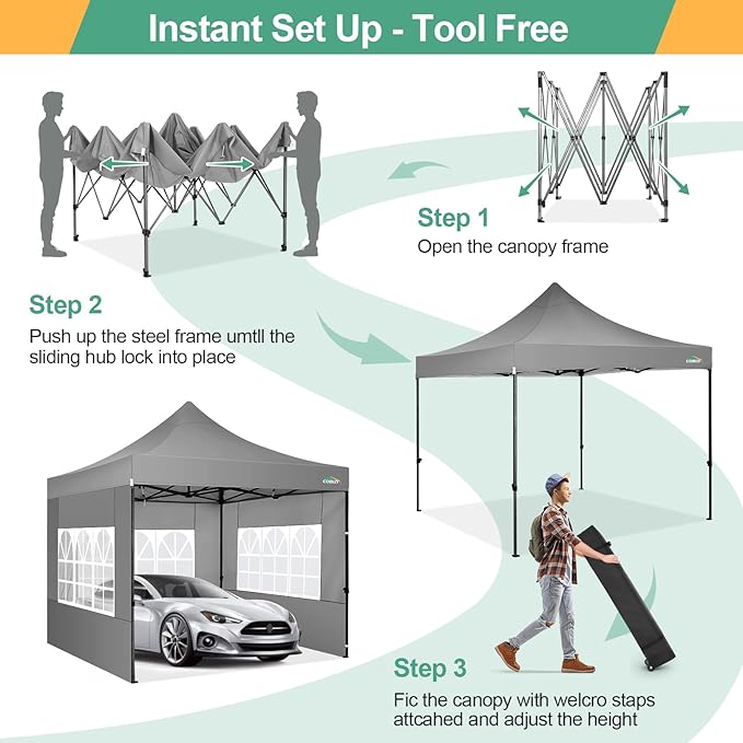 COBIZI 10x10 Pop Up Canopy with Sidewalls Heavy Duty Party Tent with Removable Awning Easy Up Outdoor Canopy Wedding, All Season Windproof&Waterproof with Roller Bag UPF 50+, Gray