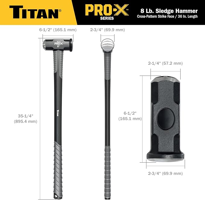 Titan Pro-X 63018 8lb Sledge Hammer, Dual-Face Sledge with Cross-Pattern Face for Concentrated Power & Flat Face for Stake Driving, Overstrike Protection, 36" Fiberglass Handle with Textured Grip
