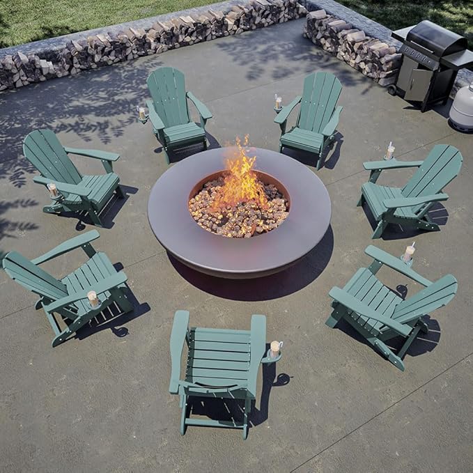Folding Adirondack Chair with Cup Holders Set of 2, HDPE Plastic Outdoor Chairs, Weather Resistant, Real Wood Look for Patio, Deck, Fire Pit, Backyard, Aruba Blue