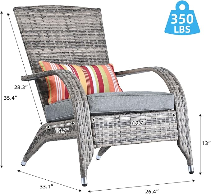 Outdoor Patio Wicker Rattan Adirondack Chair Outside Fire Pit Chairs Comfy Relax Accent Patio Chair Low Deep Seating High Back with Cushion and Pillow for Porch Deck Balcony Lawn Backyard Mixed Grey