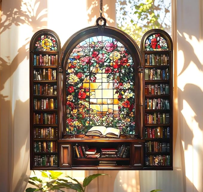 Bookshelf Christmas Ornament Floral Bookish Acrylic Suncatcher Stained Glass Effect Window Hanging for Book Lover Reading Nook Decor Gift for Librarian Readers