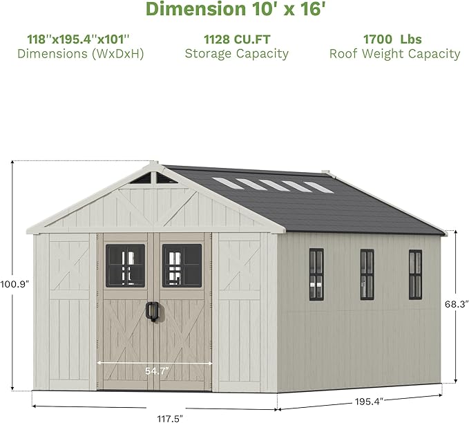 Patiowell 10 x 16 FT Outdoor Storage Shed, Plastic Shed with Floor and Skylight, Resin Storage Shed with Four-Window and Lockable Door for Garden, Patio, Backyard, Beige