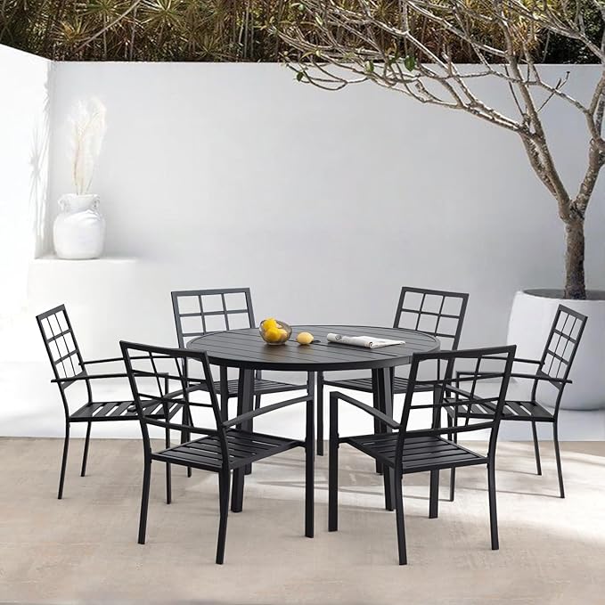 Outdoor Dining Chairs Set of 6, Metal Frame Stackable Patio Dining Chairs with Armrest, Wrought Iron Patio Bistro Chairs for Lawn, Backyard, Garden, Porch