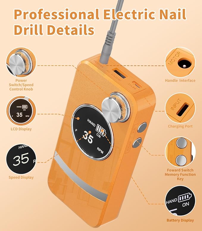 [2025 Upgraded] Electric Nail Drill Professional, Portable Rechargeable 35000 RPM - Cordless Electric Nail File Machine Kit for Acrylic Gel Polishing Removing, Manicure at Home DIY & Salon (Orange)
