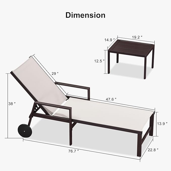 PURPLE LEAF Pool Lounge Chairs Set of 3 Aluminum Outdoor Chaise Lounge with Armrests and Wheels Adjustable Patio for Deck Outside Lawn Garden, Linen
