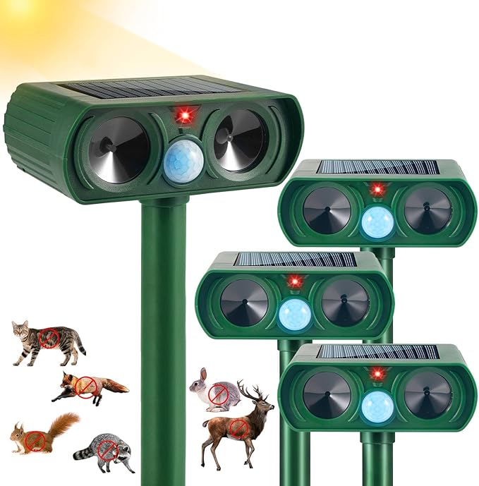 4 Pack Solar Animal Repellent Cat Repellent Outdoor with Motion Detection,Waterproof Ultrasonic Control for Deer Dog Fox Squirrel Raccoon Skunk Rabbit Out of Garden Farm Yard Animal Deterrent Devices