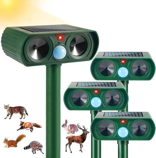 4 Pack Solar Animal Repellent Cat Repellent Outdoor with Motion Detection,Waterproof Ultrasonic Control for Deer Dog Fox Squirrel Raccoon Skunk Rabbit Out of Garden Farm Yard Animal Deterrent Devices
