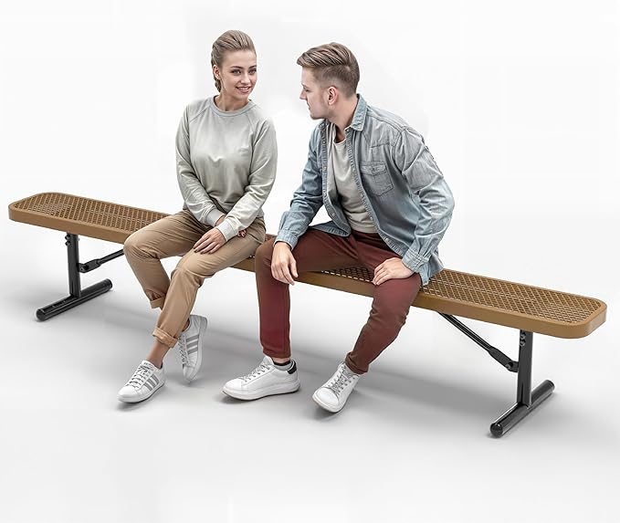 Heavy-Duty Outdoor Metal Bench, Thermoplastic-Coated, Portable, Weatherproof, Commercial-Grade for Parks, Gardens, Patios, Stores & More (8 Ft - Portable, Brown)