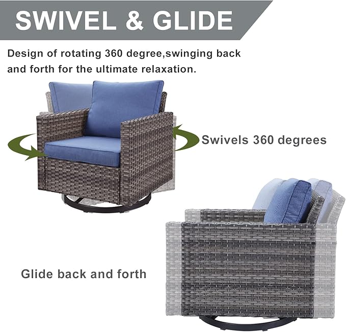 HUMMUH 7 Piece Patio Furniture with Fire Pit 30in 55,000 BTU,PE Wicker Outdoor Conversation Sets - Couch,Patio Swivel Chairs and Ottomans,Side Table for Porch,Garden,Backyard