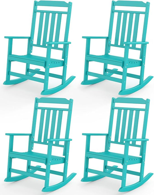 GREENVINES Outdoor-Rocking-Chairs-Set-of-4 | HDPE Plastic | Patio Rockers | Porch Rocker Chair | Oversized | High Back | Big & Tall | Aqua