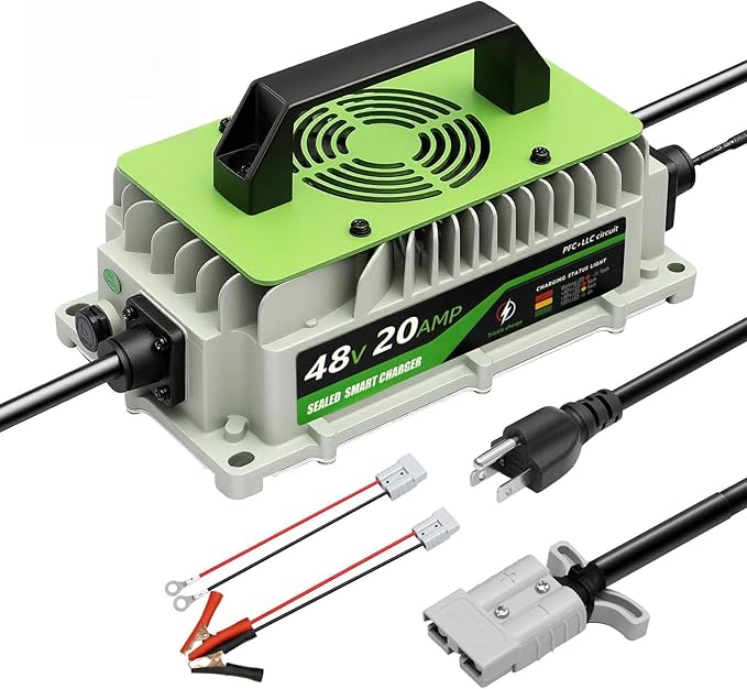 20 AMP 48 Volt Golf Cart Battery Charger 48V Lithium Battery Charger LiFePO4 Charger for Club Cars RVs Boats Cars Forklift Truck 1000W IP65 Waterproof with Cooling Fan 2 Connectors