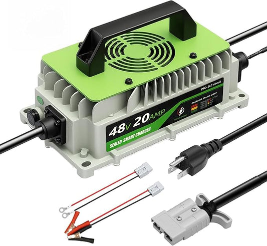 20 AMP 48 Volt Golf Cart Battery Charger 48V Lithium Battery Charger LiFePO4 Charger for Club Cars RVs Boats Cars Forklift Truck 1000W IP65 Waterproof with Cooling Fan 2 Connectors