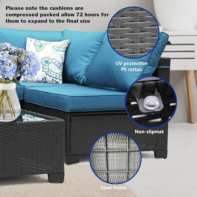8 Pieces Patio Furniture Set with 28" Fire Pit Table, Wicker Outdoor Sectional Couch, Rattan Conversation Set for Backyard, Deck, Garden Lawn, Coffee/Peacock Blue