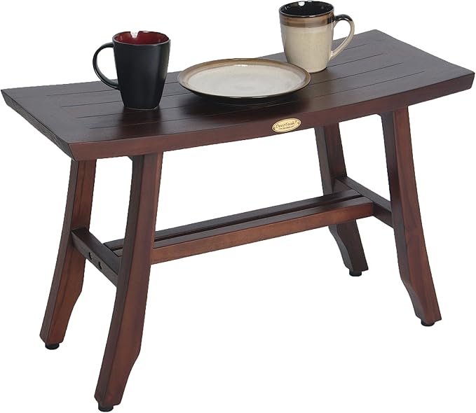 DecoTeak Satori Teak Shower Bench – 24" Compact Teak Bath Seat, Brown Finish, for Adults & Seniors | Water-Resistant Spa Stool with Slatted Seat & Adjustable Feet