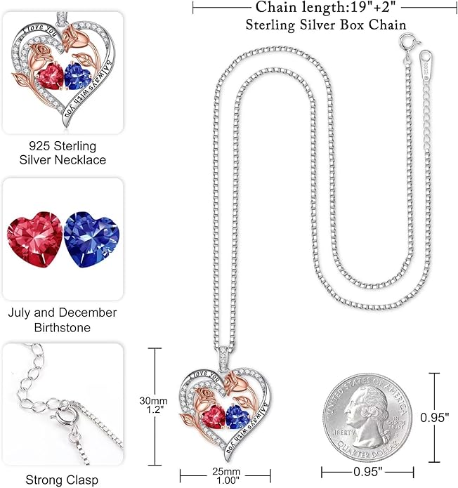 Iefil Christmas Gifts for Women Wife - 925 Sterling Silver Rose Heart Birthstone Necklace Birthday Anniversary Jewelry Gifts for Her Wife Mom Daughter