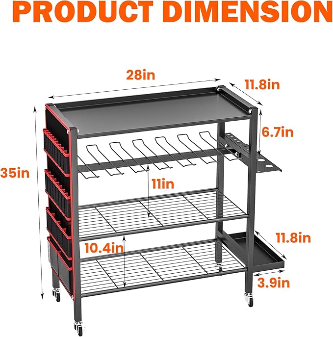 Ultrawall Power Tool Organizer Cart, 4-Tier Rolling Tool Storage Stand with Wheels, Garage Floor Tool Holder with Side Storage Pockets, Gift for Men