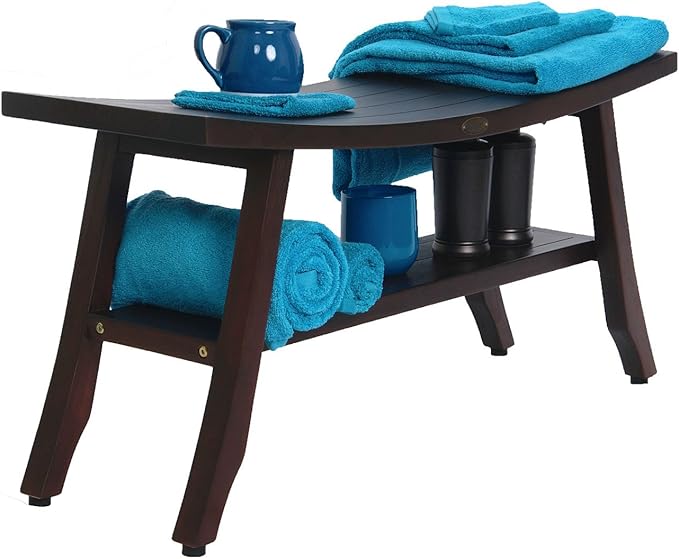 DecoTeak 29” Satori Teak Shower Bench – Full-Size Waterproof Bathroom Seat for Adults & Seniors | Sturdy 250 Pound Capacity | Spa-Style Teak Stool with Shelf, Non-Slip Feet | Elegant Brown Wood Finish
