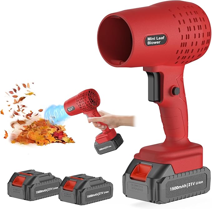 Leaf Blower with 21V*2 Pcs Batteries, 950000RPM Powerful Fan, High Variable Speed 200 MPH, Handheld Air Blower, Perfect for Car Drying, Patio Cleaning, Lawn Caring, Leaves Blowing (Red)