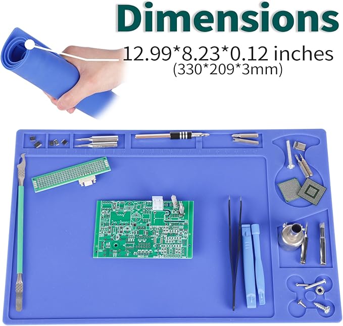 YIHUA M150 Heat-resistant Soldering Mat with Multiple Storage Slots, Built-in Ruler, Bendable Soft Silicone Soldering Mat, Dimensions 12.99 * 8.23 * 0.12 inches (330 * 209 * 3mm)