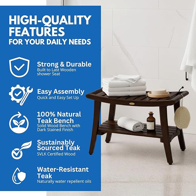 DecoTeak Harmony 30 Inch Brown Waterproof Teak Wood Shower Bench | Provides Safety, Storage, and Organization for Bathroom Accessories
