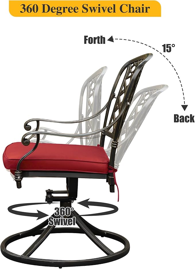 2 Piece Cast Aluminum Outdoor Swivel Dining Chairs, All-Weather Patio Swivel Rocker Chair Sets with Cushion for Garden, Backyard, Poolside, Bistro (Red, 2 Pieces)